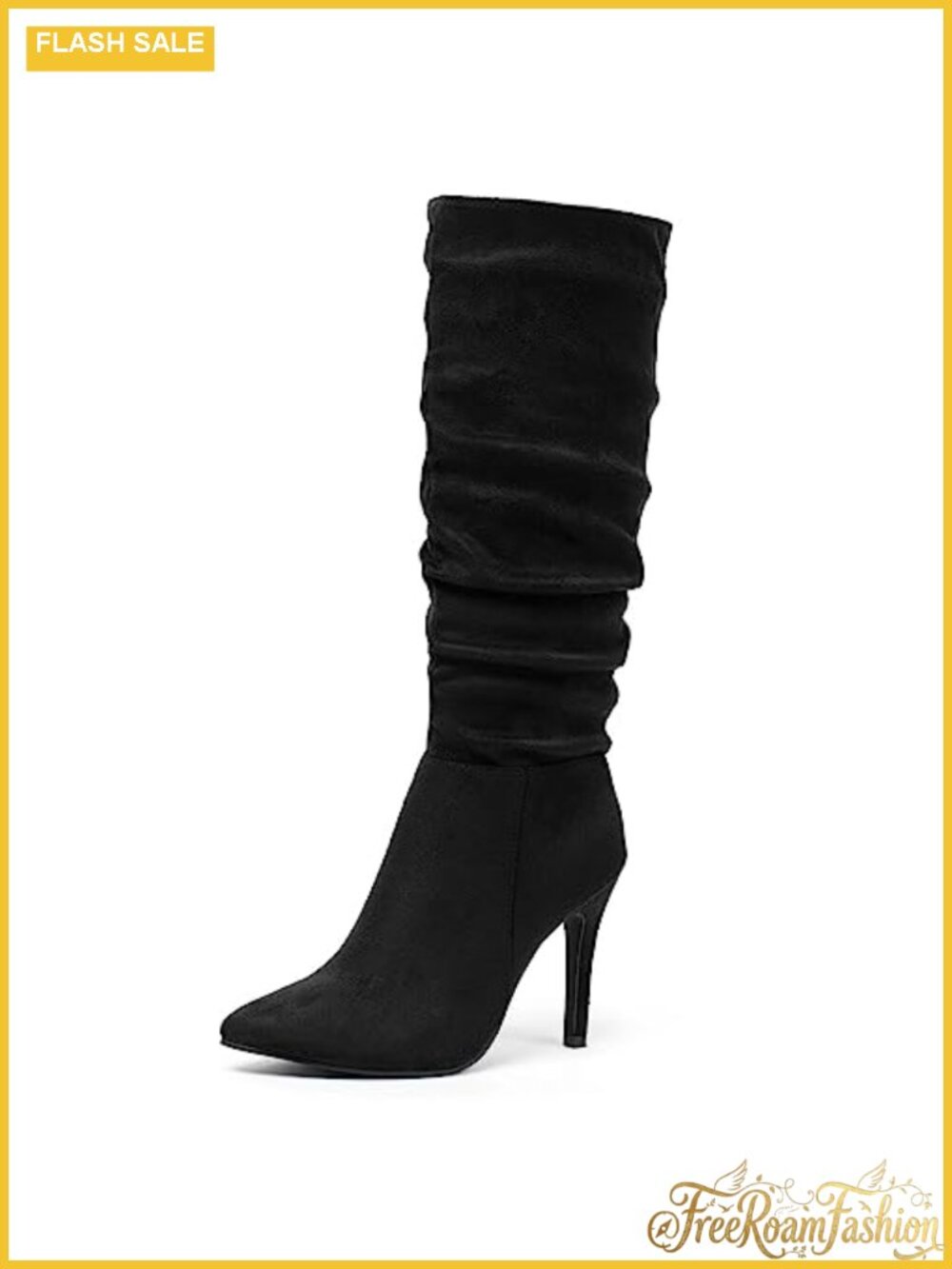 Knee High Stiletto Boots Faux Suede Slouchy Dressy Pointed Toe Side Zip